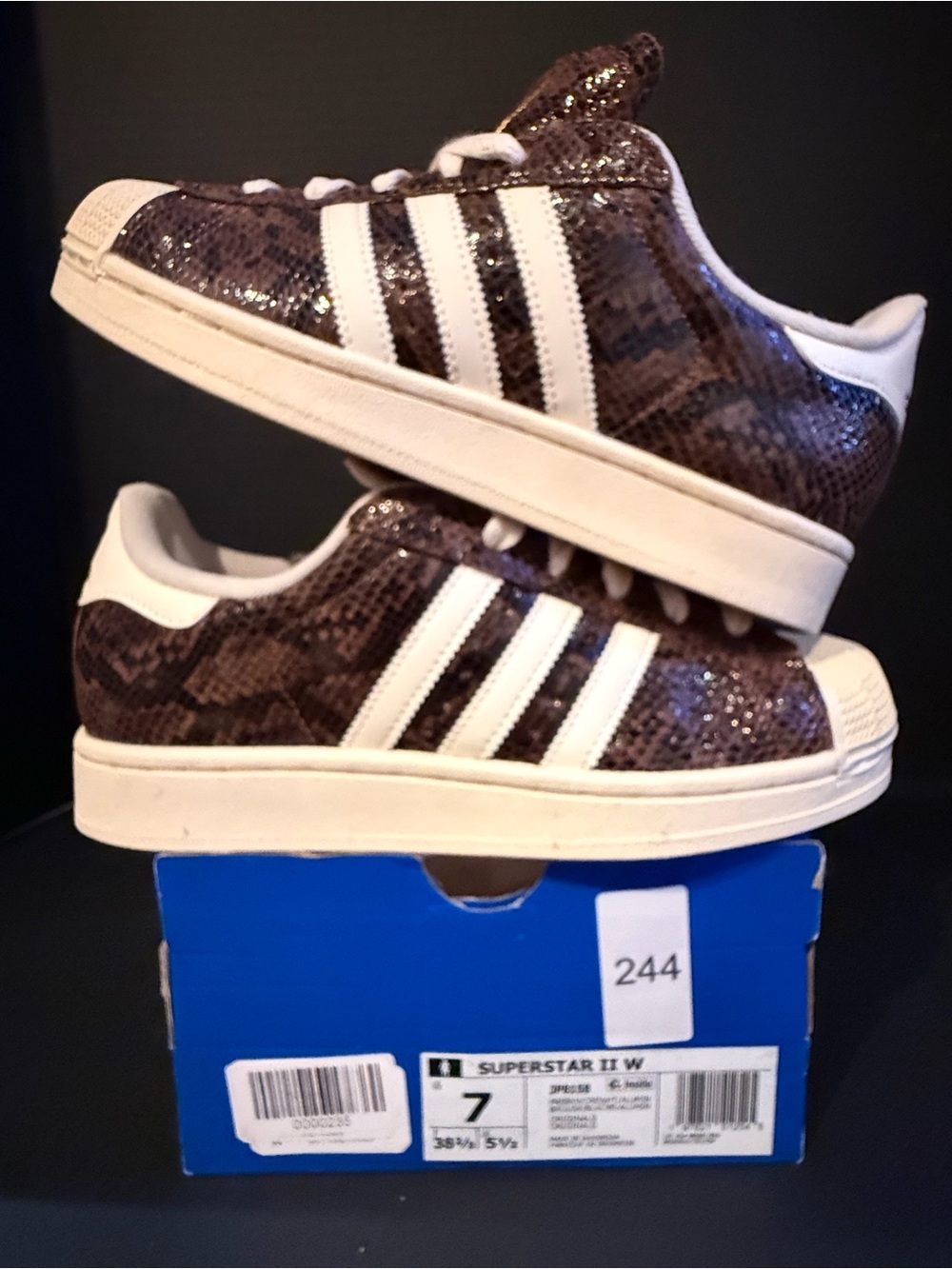 Adidas Women’s Superstar II Brown Snake-Print Sneakers with White Stripes